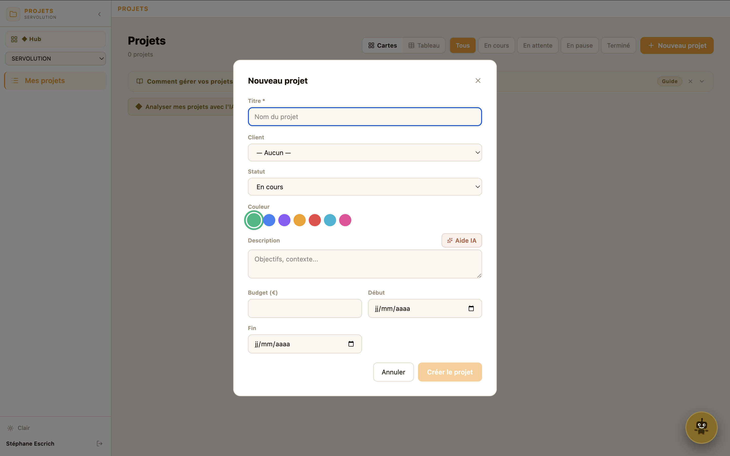 Vue du module Projets avec suivi des tâches et avancement