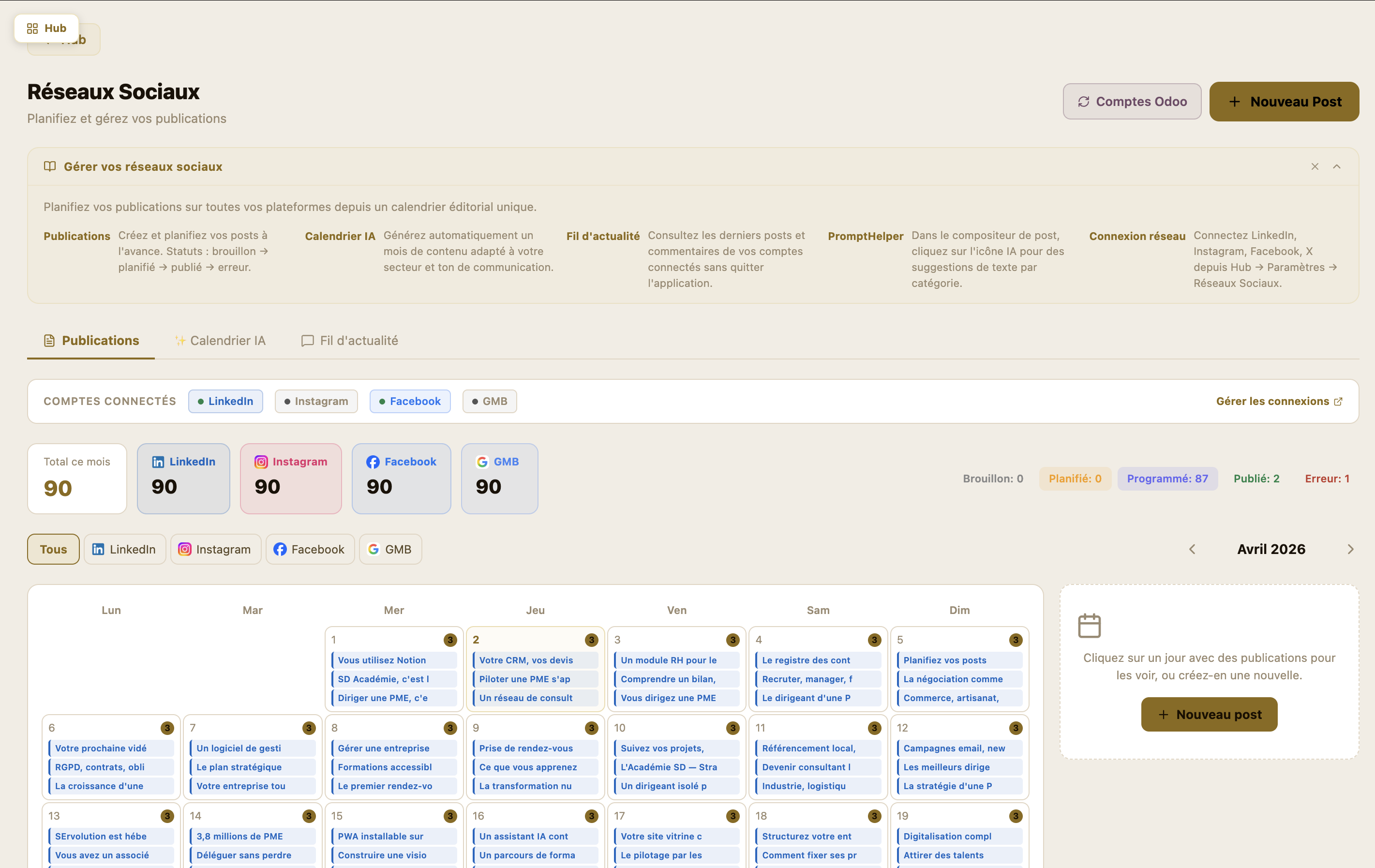 Calendrier de publication des réseaux sociaux dans SErvolution